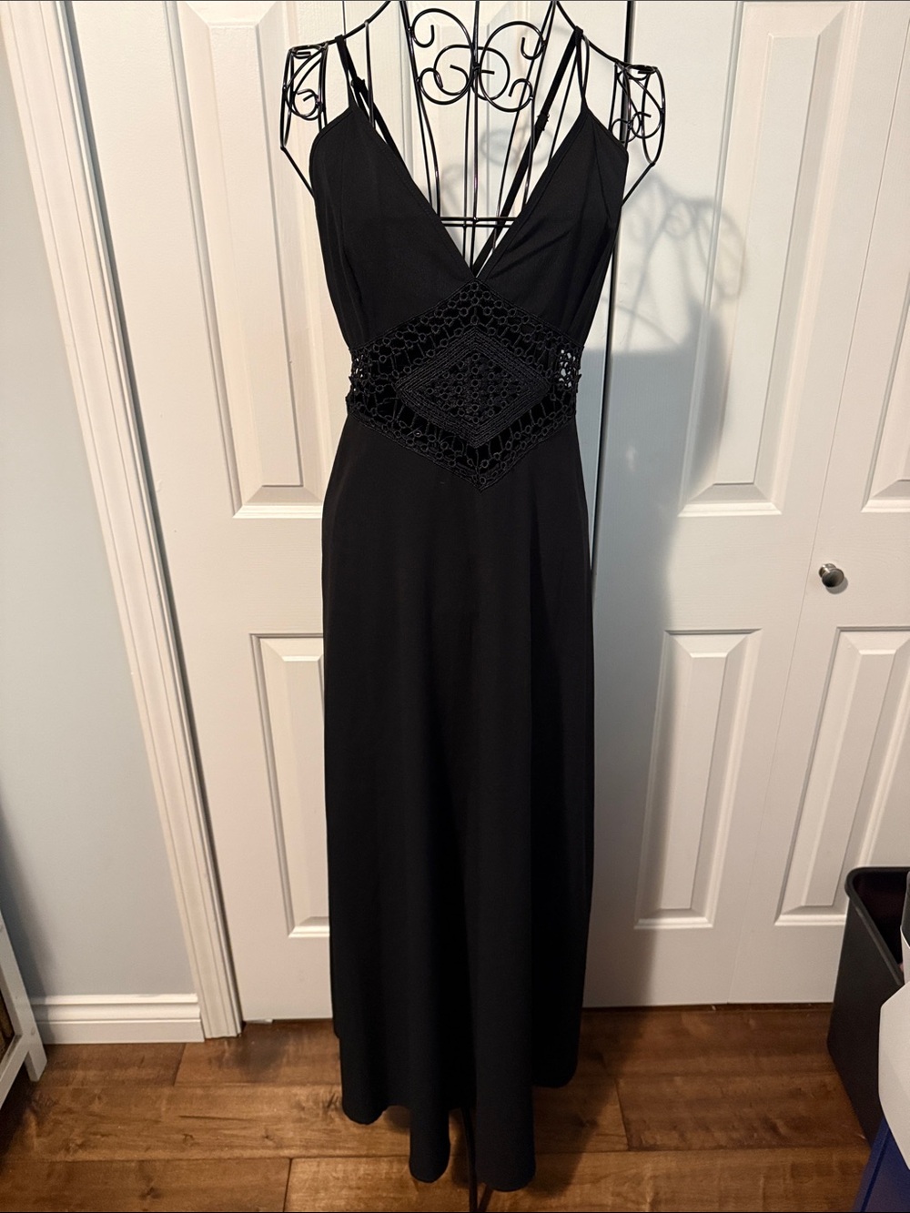 Black Crochet-Waist Maxi Dress with V-Neck